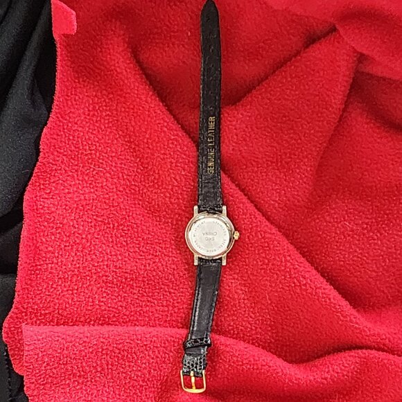 SKC Black Gold Tone Genuine Leather Embossed Strap Diamond Quartz SS Back Watch - Picture 10 of 16